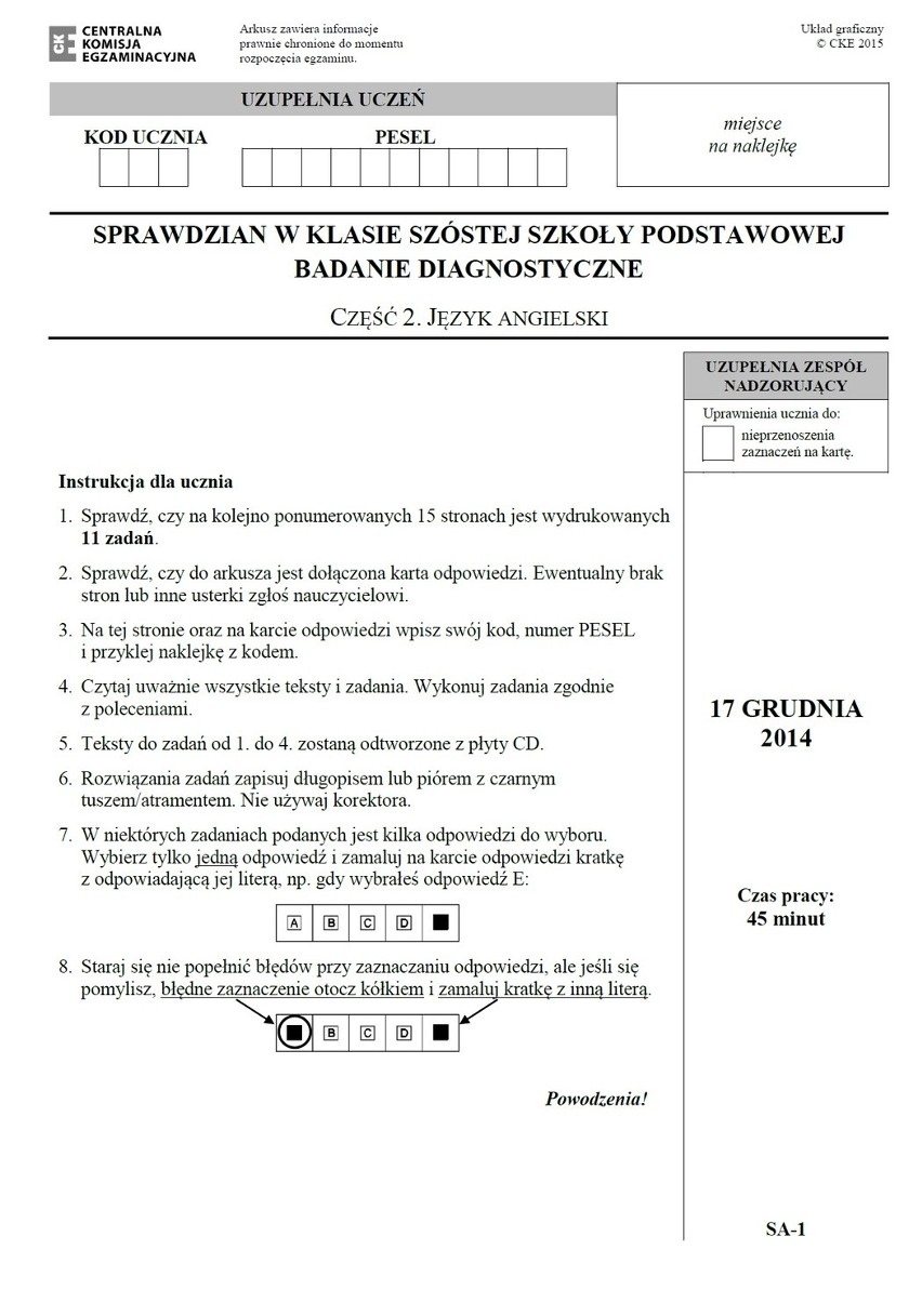 Sprawdzian szóstoklasisty 2015. Próbny test szóstoklasisty [ARKUSZ + KLUCZ ODPOWIEDZI]