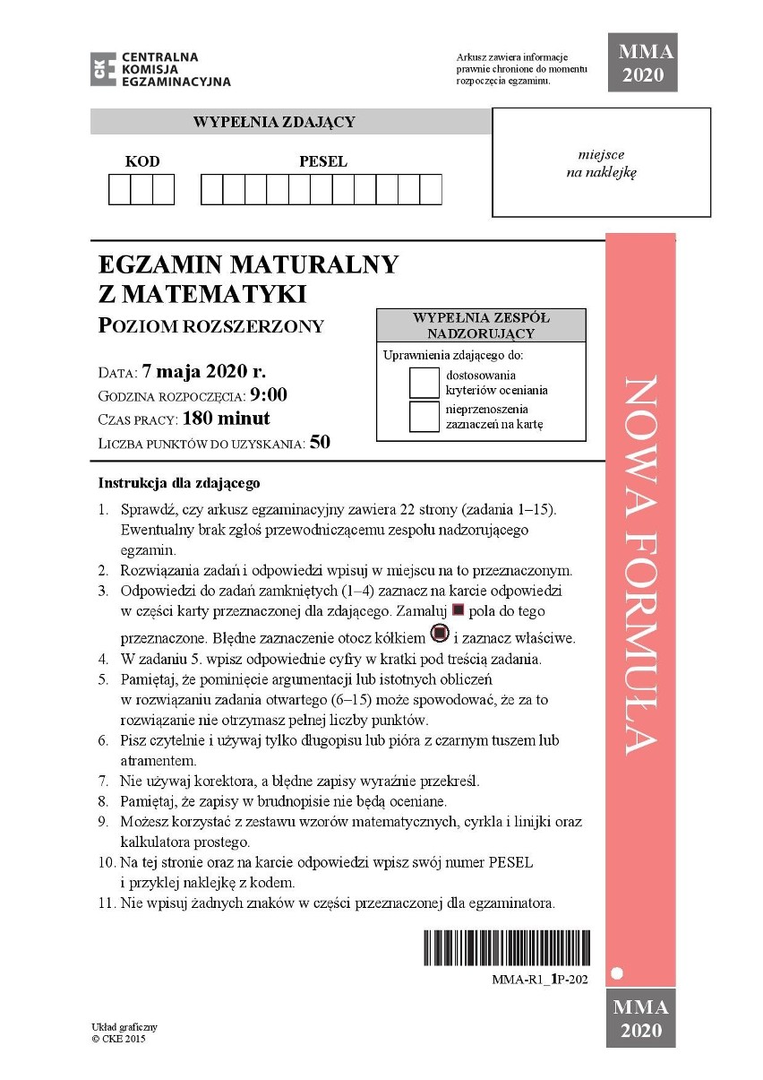 Matura 2020 matematyka poziom rozszerzony. Odpowiedzi i arkusze CKE