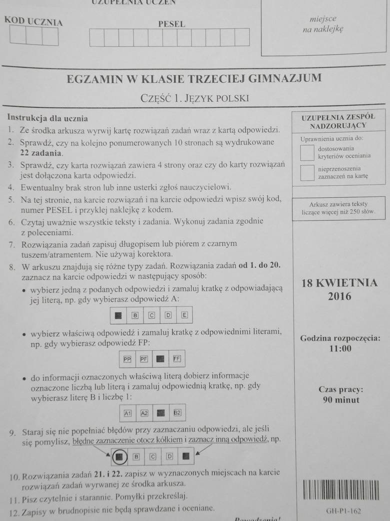 Egzamin gimnazjalny 2016. ODPOWIEDZI - JĘZYK POLSKI [ARKUSZE, PYTANIA]