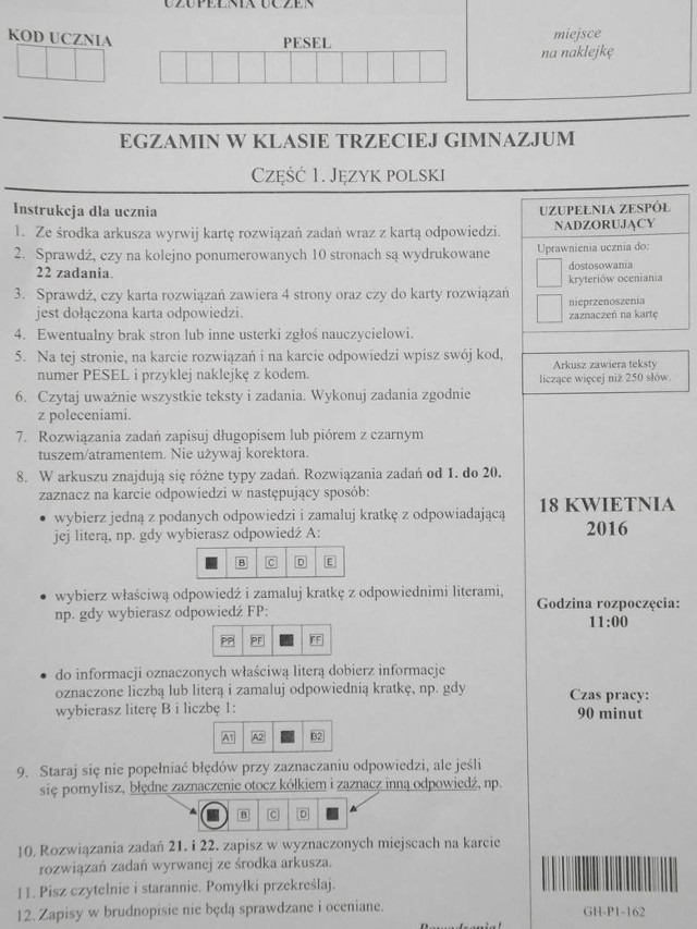 Egzamin gimnazjalny 2016. ODPOWIEDZI - JĘZYK POLSKI [ARKUSZE, PYTANIA] |  Dziennik Bałtycki