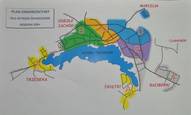 Plan Szczecinka z podziałem na rejony, w których wyznaczono terminy składania wniosków