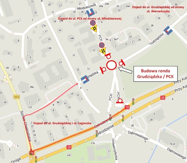 Tak organizacja ruchu będzie obowiązywała w rejonie przebudowywanego skrzyżowania ulic Grudziądzkiej i PCK od poniedziałku 26 czerwca do połowy sierpnia