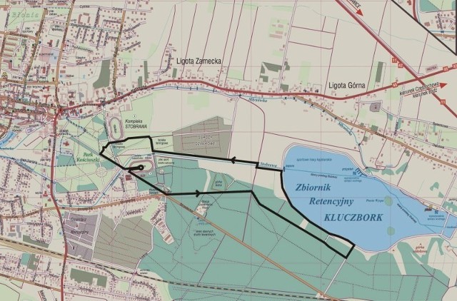 Mapka z trasą biegu przełajowego "O Złotą Barć&#8221; w Kluczborku