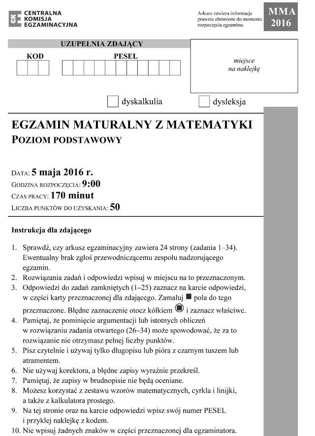 Matura 2016 - matematyka - arkusze, zadania