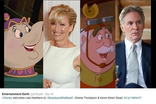 Emma Thompson wcieli się w rolę Pani Imbryk, a Kevin Kline zagra ojca Belli (fot. screen z Twitter.com)