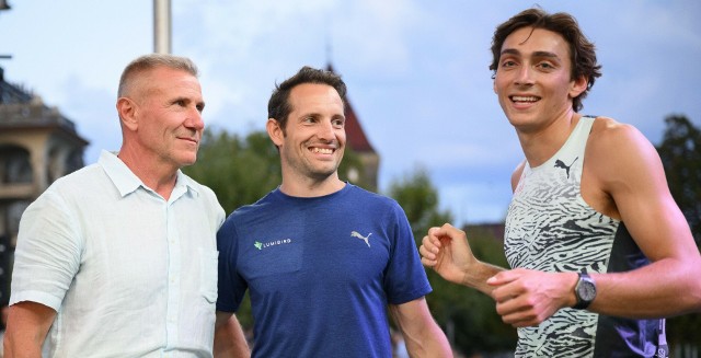 Bubka z Renaudem Lavillenie z Francji i szwedzkim gwiazdorem Armandem Duplantisem na ubiegłorocznym mitingu Diamentowej Ligi w Lozannie