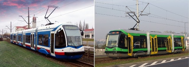 Tramwaje produkcji zakładów PESA. Po lewej dla MZK Bydgoszcz; po prawej tramwaj niskopodłogowy wyprodukowany dla Tramwajów Elbląskich.
