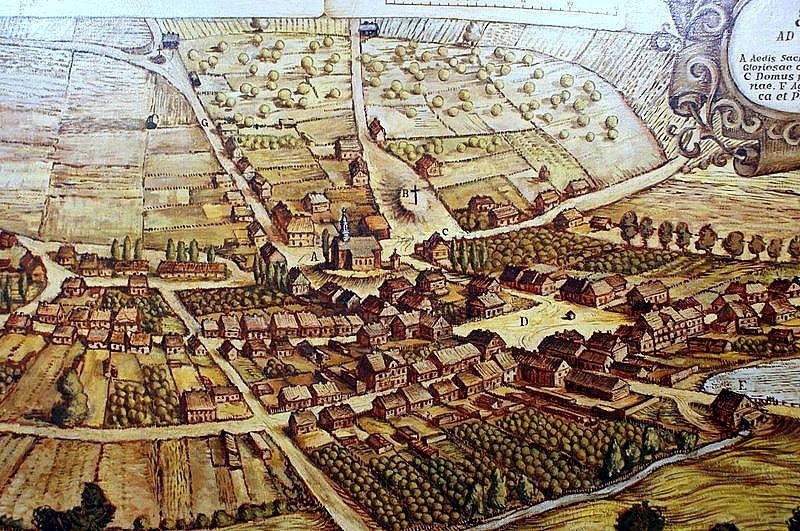 Panorama Łodzi końca XVIII w. na stylizowanym obrazie