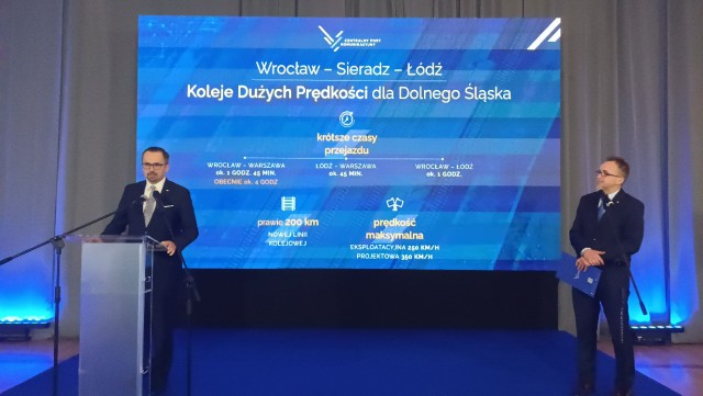 Konferencja prasowa z przedstawieniem wariantu inwestorskiego kolejowej trasy Wrocław-Łódź.