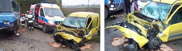 Autobus wiozący dzieci i furgon renault zderzyły się na łuku drogi w Zakrzowie koło Skalbmierza. (Z prawej) Żółty renault po wypadku nadaje się do kasacji.