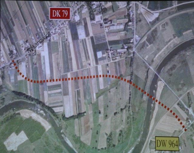 Mapa z zaznaczoną lokalizacją mostu w rejonie ulicy Nękanowice.