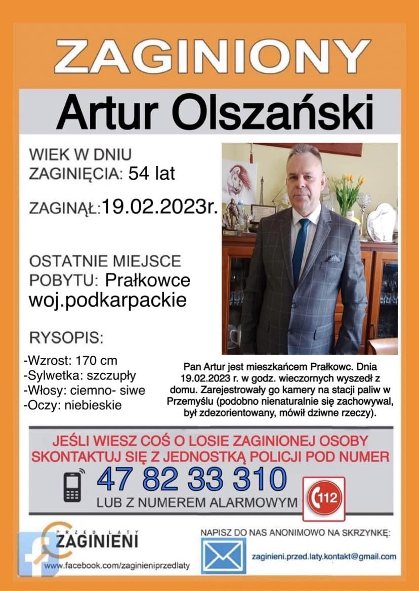 Zaginął 54-letni Artur Olszański z Prałkowiec pod Przemyślem. Rodzina prosi o pomoc w poszukiwaniach