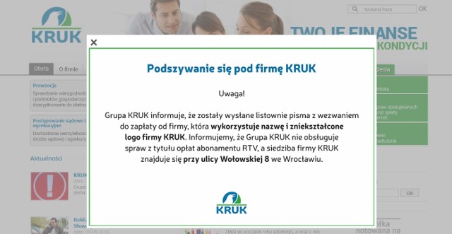 Print screen ze strony internetowej, na której firma KRUK ostrzega przed oszustami