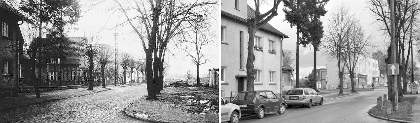 Dawny (z lewej) i obecny widok z ulicy Wiśniowej na rejon...