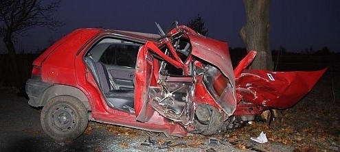 Renault clio zjechał z drogi i uderzył w drzewo.