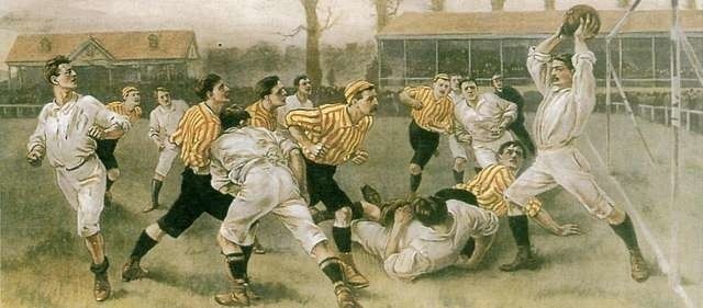 Tak wyglądał przedstawiony przez rysownika mecz piłkarski pod koniec XIX stulecia. Dopiero kształtował się wówczas system, polegający na podziale ról pomiędzy zawodników.