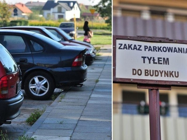 Kierowcy parkują tyłem do budynków na tarnobrzeskim osiedlu Dzików mimo znaków zakazu.