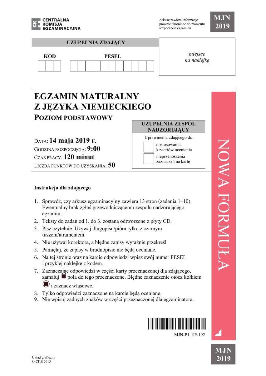 Matura 2019 język niemiecki poziom podstawowy. Arkusz pytań w serwisie EDUKACJA