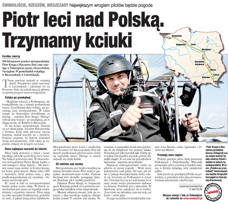 Cztery dni potrzebuje Piotr Krupa na przelot motoparalotnią...