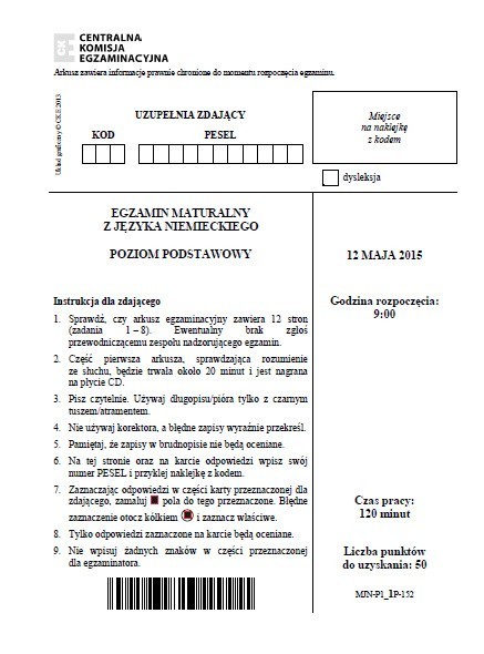 Matura 2015 język niemiecki. Co było na maturze z niemieckiego (ARKUSZE CKE, ODPOWIEDZI)