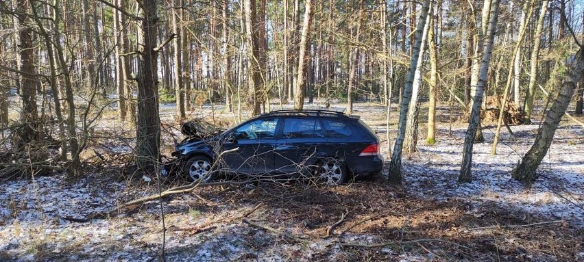 W Kobylinku samochód uderzył w drzewo. Do zdarzenia doszło 8.03.2023.Zdjęcia