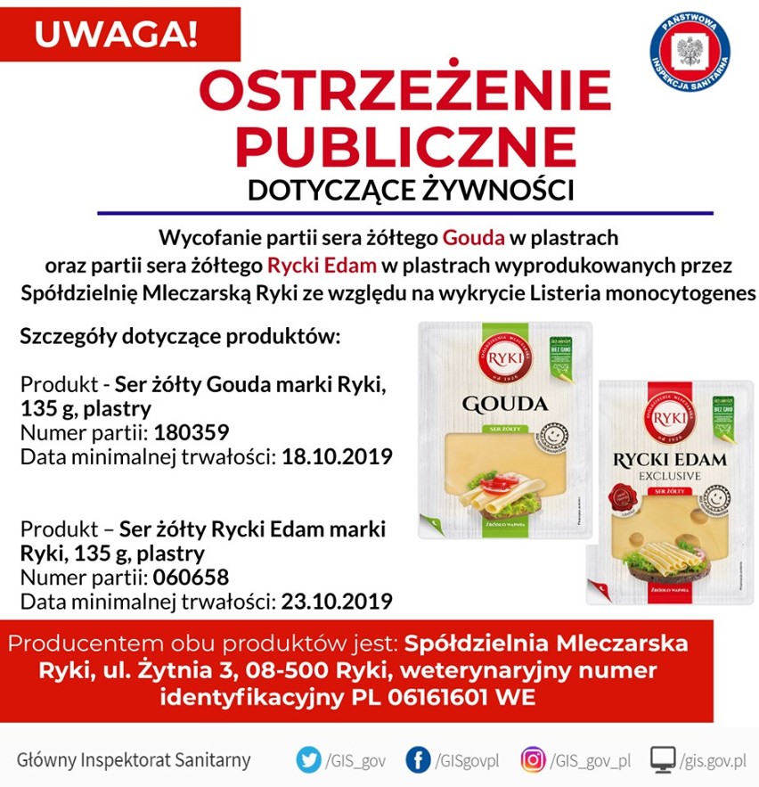 GIS wycofał ser żółty. Ostrzeżenie dotyczy jednej partii sera żółtego Rycki Edam oraz sera Gouda [16 września 2019 roku]