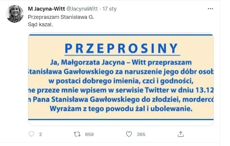 Jak radna Jacyna-Witt wykonała wyrok i przeprosiła Stanisława Gawłowskiego 