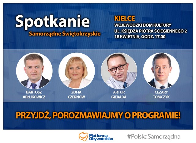 Plakat promujący spotkanie z politykami Platformy Obywatelskiej w Kielcach.