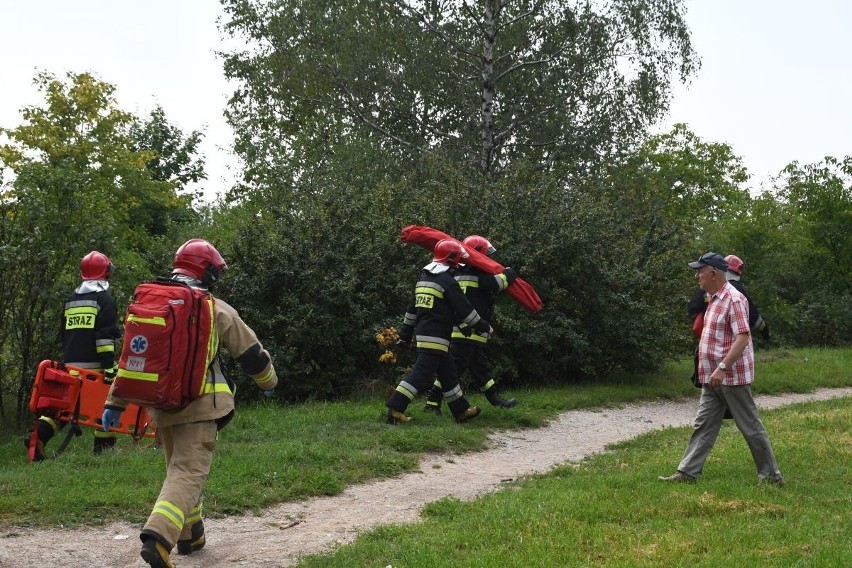 Człowiek na półce skalnej w dawnym kamieniołomie na Wietrzni w Kielcach. Strażacka grupa wysokościowa w akcji [ZDJĘCIA] 