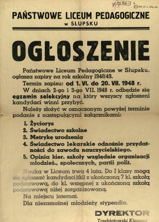 Państwowe Liceum Pedagogiczne w Słupsku ogłasza zapisy na rok szkolny 1948/49