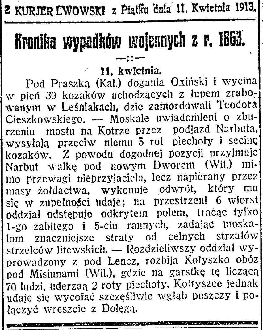 Artykuł o bitwie pod Kuźniczką z „Kuriera Lwowskiego”.