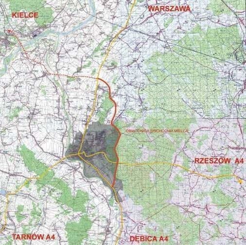 Pogrubioną czerwoną linią zaznaczony jest przebieg przyszłej obwodnicy wschodniej Mielca.