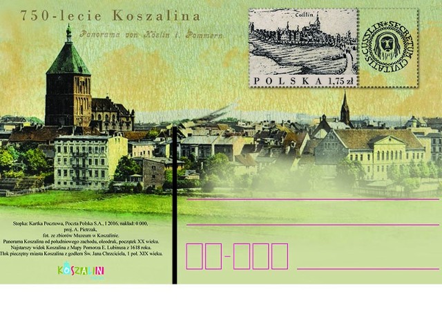 Panorama sprzed stu lat (pocztówka) i najstarszy widok miasta (znaczek) - tak prezentuje się Koszalin na pocztówkowej kartce