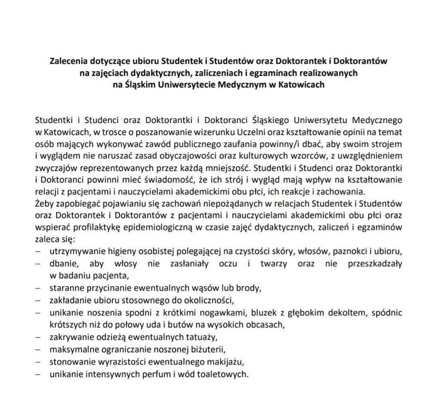 Zalecenia komisji dla studentów i doktorantów ŚUM, jednak nie będą obowiązywać. Biuro prasowe uczelni wydało oświadczenie 