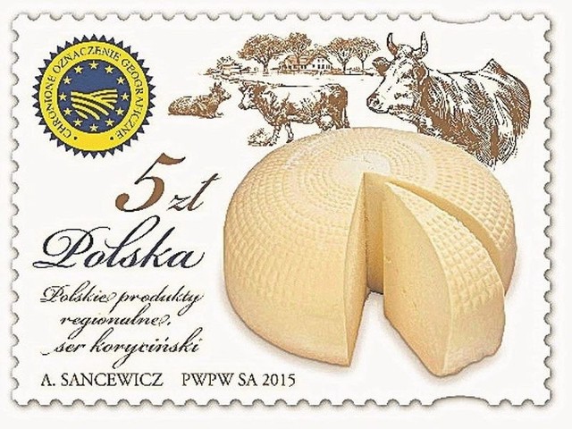 Znaczek z serem korycińskim. Kosztuje 5 złotych, zaś nakład wynosi aż  270 tysięcy.