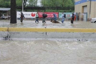 Ratownicy ewakuują ludzi na zalanej ulicy Nowohuckiej w...