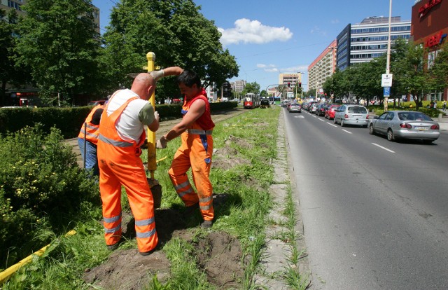 Pracownicy usuwają żelazne płotki, które stały wzdłuż torów tramwajowych. Wkrótce zamiast trawy będzie tu lewoskręt w ulicę Rayskiego.