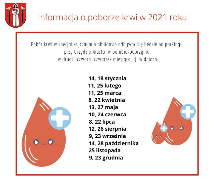 Terminy poboru krwi w Golubiu-Dobrzyniu w 2021 roku