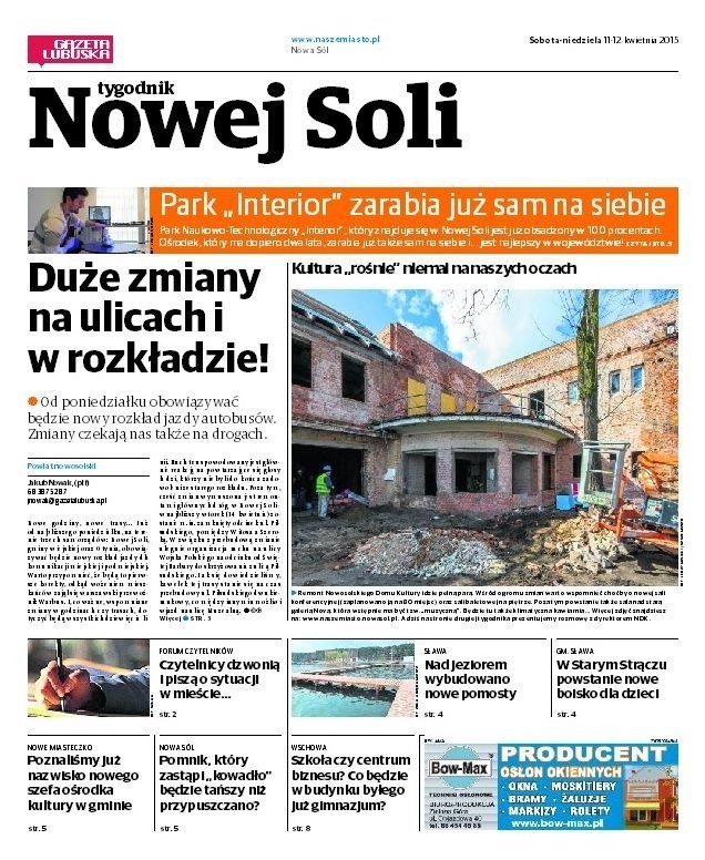 Pierwsza strona Tygodnika Nowej Soli z 11 kwietnia 2015