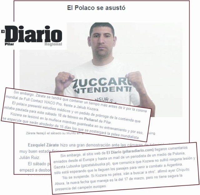 Tak wyglądał oryginalny artykuł na stronie internetowej "El Diario Pilar&#8221; (na zdjęciu rywal Jakuba Kozery). Tytuł i powiększony fragment na dole szkaluje dobre imię Polaka, klubu, a nawet kraju. Powyżej część drugiego artykułu w odniesieniu do naszego listu.