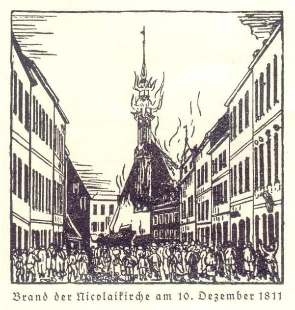 Rycina ukazująca pożar kościoła w 1811 roku