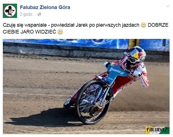 Falubaz informuje, że Jarosław Hampel wrócił do treningów po kontuzji, jaką odniósł w zeszłym roku.