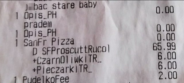 Bydgoszczanka zamówiła pizzę z dostawą do domu. Zdziwiła się, gdy obejrzała paragon. Wśród zamawianych pozycji była taka: "Jeb*ć stare baby prądem" (bez polskich znaków - przyp. red.)