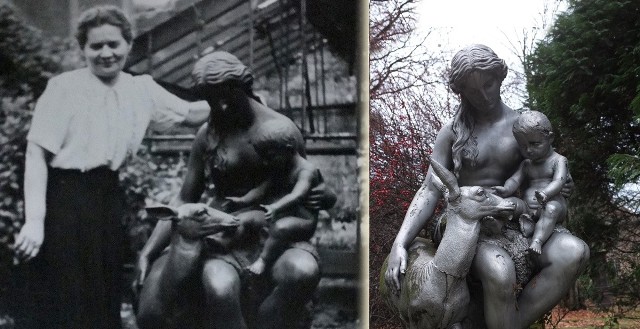 Figura kobiety z dzieckiem i sarenką. Zdjęcie z Bytomia z 1953 roku (z lewej) i współczesne z Goczałkowic-Zdroju.