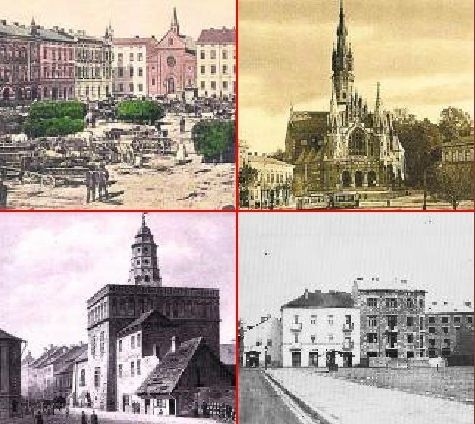 Każda dzielnica miała naturalne centrum: 1. Rynek Kleparski,  2. Rynek Podgórski, 3. plac Wolnica, 4. plac Na Stawach
