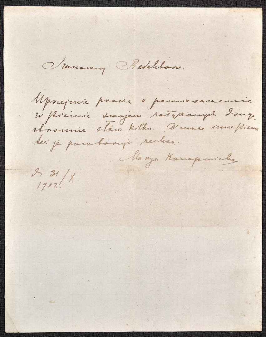 Rękopis listu Marii Konopnickiej z 31 października 1902 roku