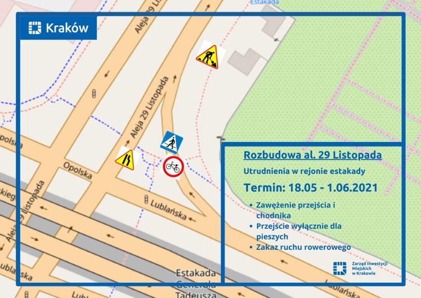 Kraków. Rozbudowa al. 29 Listopada. Znów zmiany organizacji ruchu. Raport z inwestycji