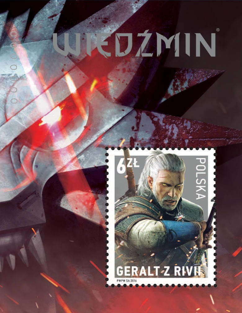 Wiedźmin Geralt z Rivii na znaczku pocztowym. Znaczek wypuściła Poczta Polska 
