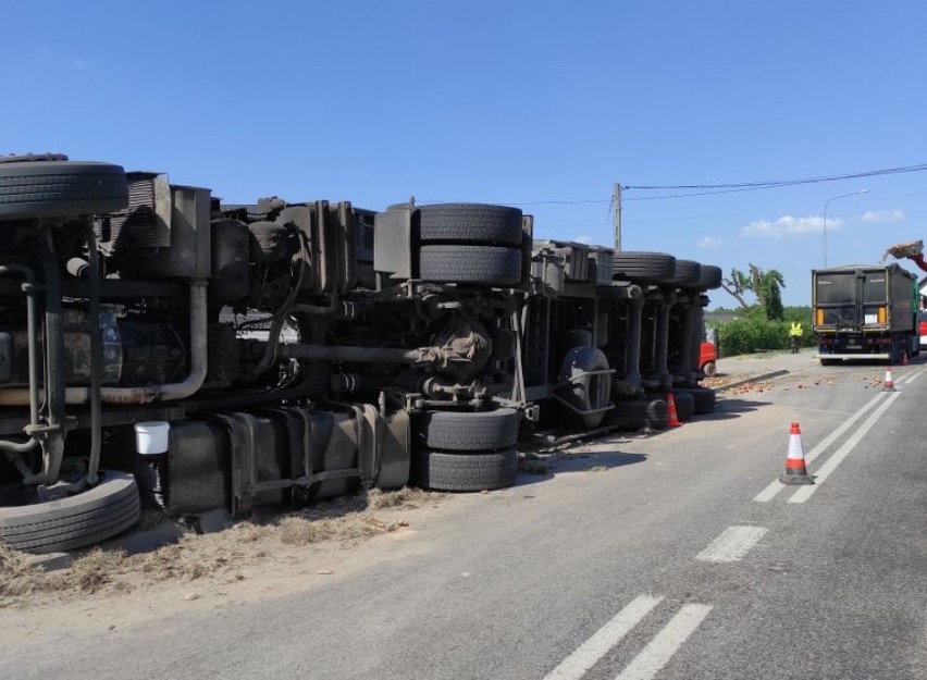 W Sułkowie wywróciła się ciężarówka z jabłkami. Kierowca nietrzeźwy