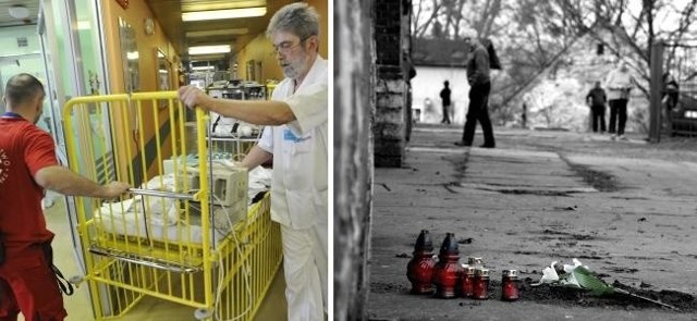 Lekarze ponad dobę walczyli o życie Mateuszka (zdjęcie z lewej). Mieszkańcy Krapkowic długo palili znicze w miejscu śmierci czteroletniej Tatianki (zdjęcie z prawej).